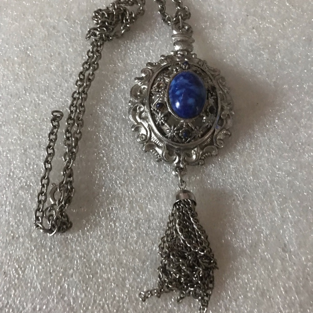 Silver-Tone Blue Stone Tassel Pendant Necklace